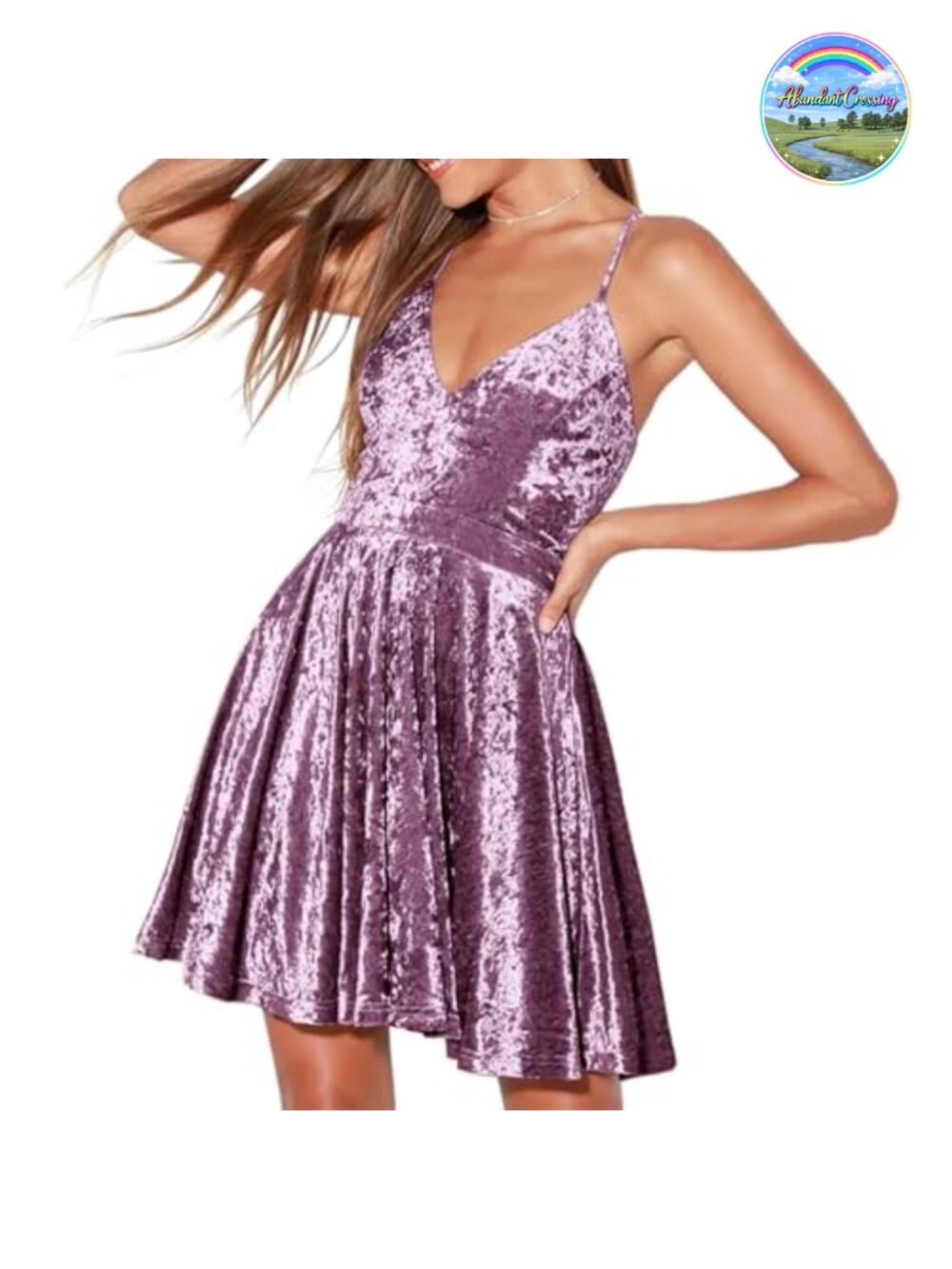 Crushed Velvet V-Neck Cross Strap Swing Skater Mini Dress